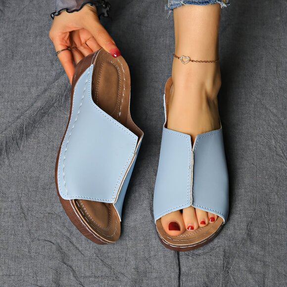 Powder Blue Slip-On Sandals – Open Toe Comfy Wedge Slides - Picture 2 of 2